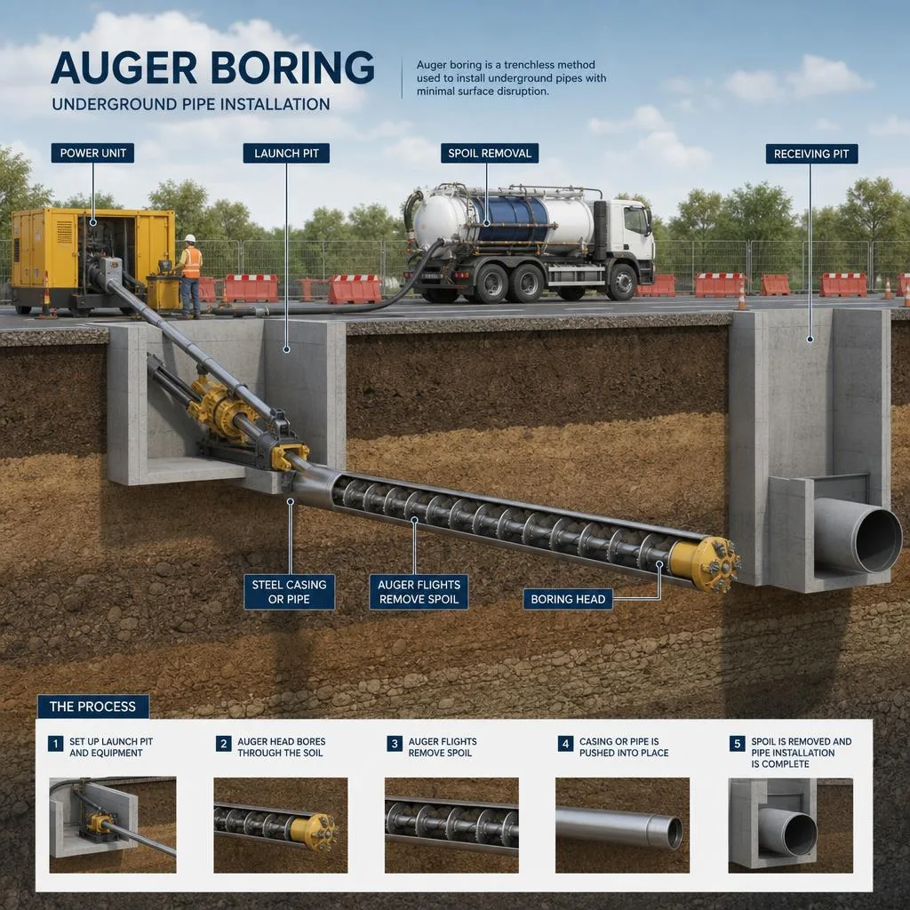 Technical cutaway showing trenchless bore preparation for pipe installation