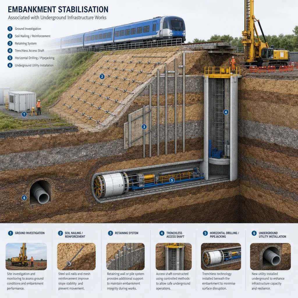 Embankment stabilisation cutaway showing ground support around infrastructure and underground works