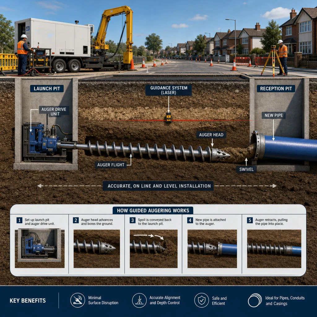 Guided augering cutaway showing pilot guidance, auger boring and pipe installation