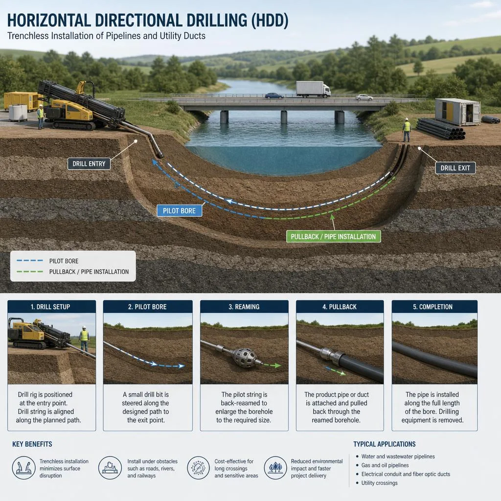 Horizontal directional drilling works for underground utility installation