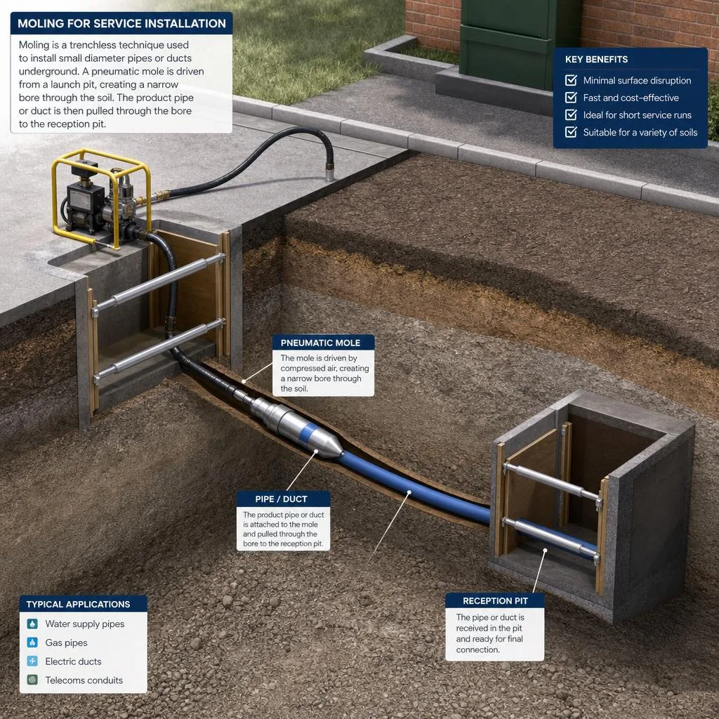 Moling service installation cutaway for small underground utility runs