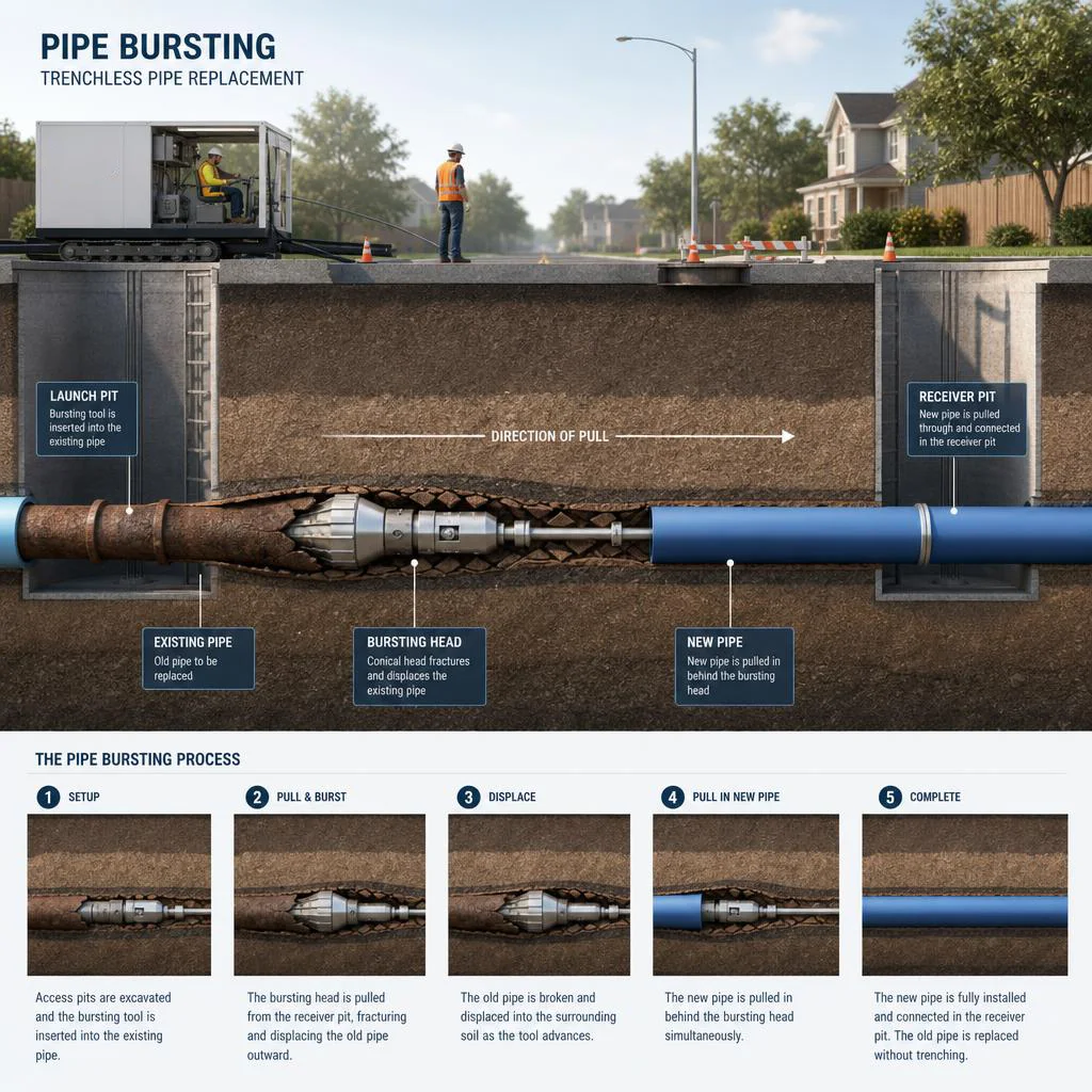 Pipe bursting cutaway showing bursting head breaking old pipe and pulling new pipe into place