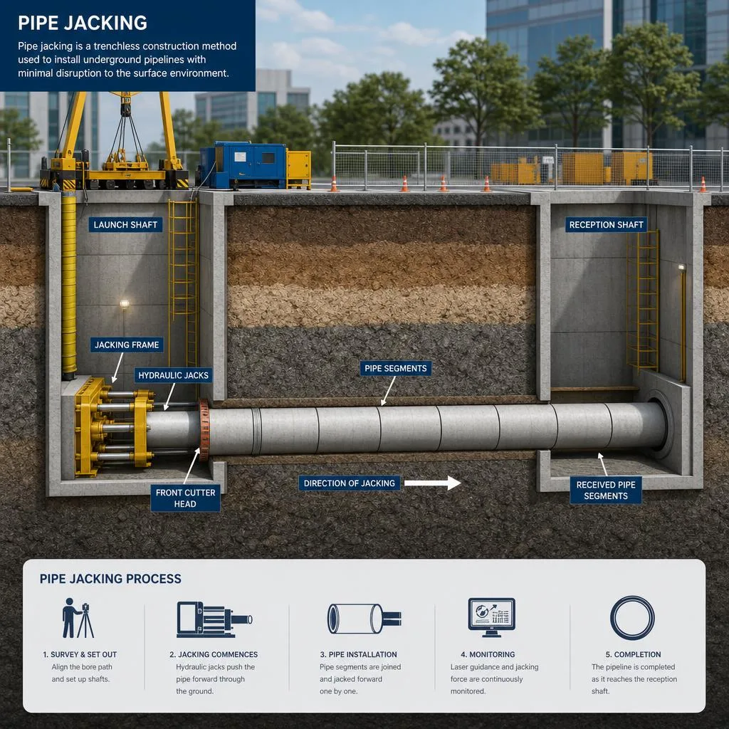 Pipe jacking cutaway showing hydraulic jacks pushing pipe sections through the ground