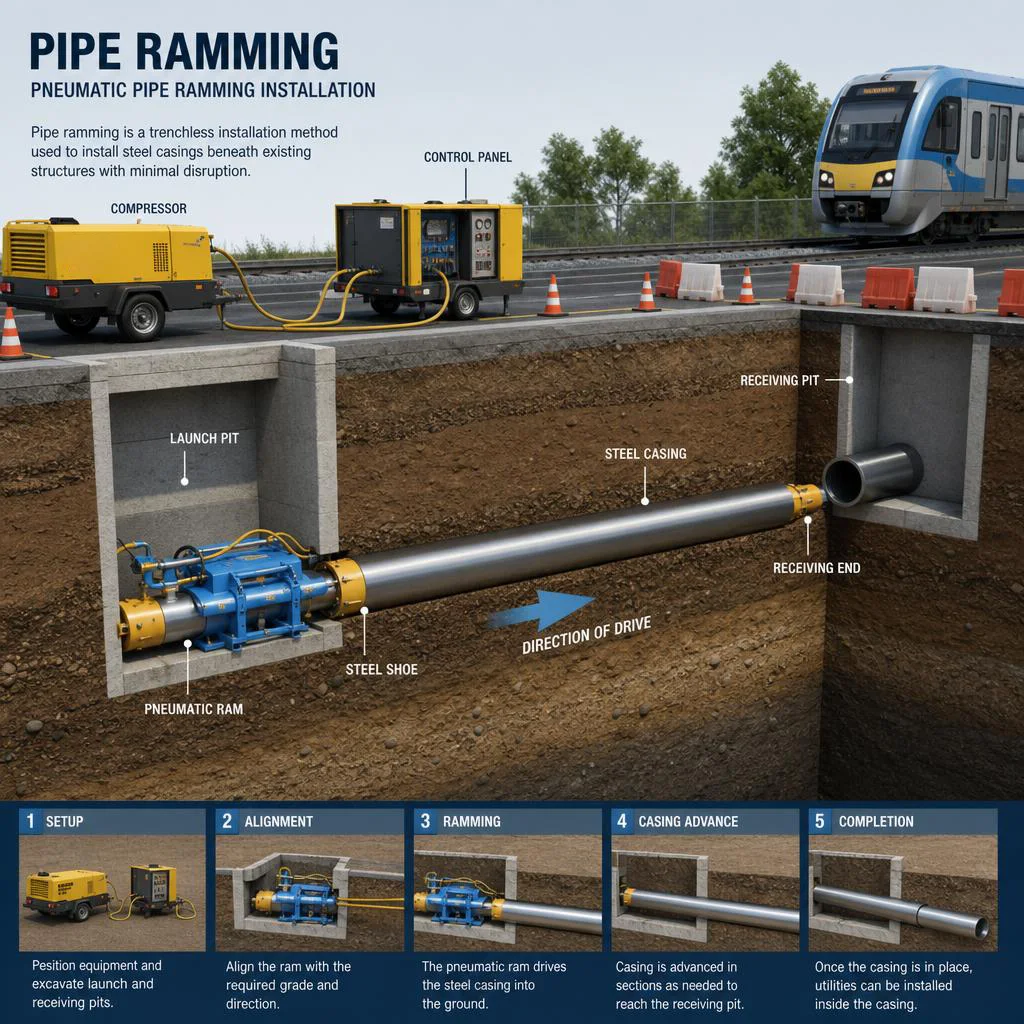Pipe ramming cutaway showing pneumatic ram driving steel casing through the ground