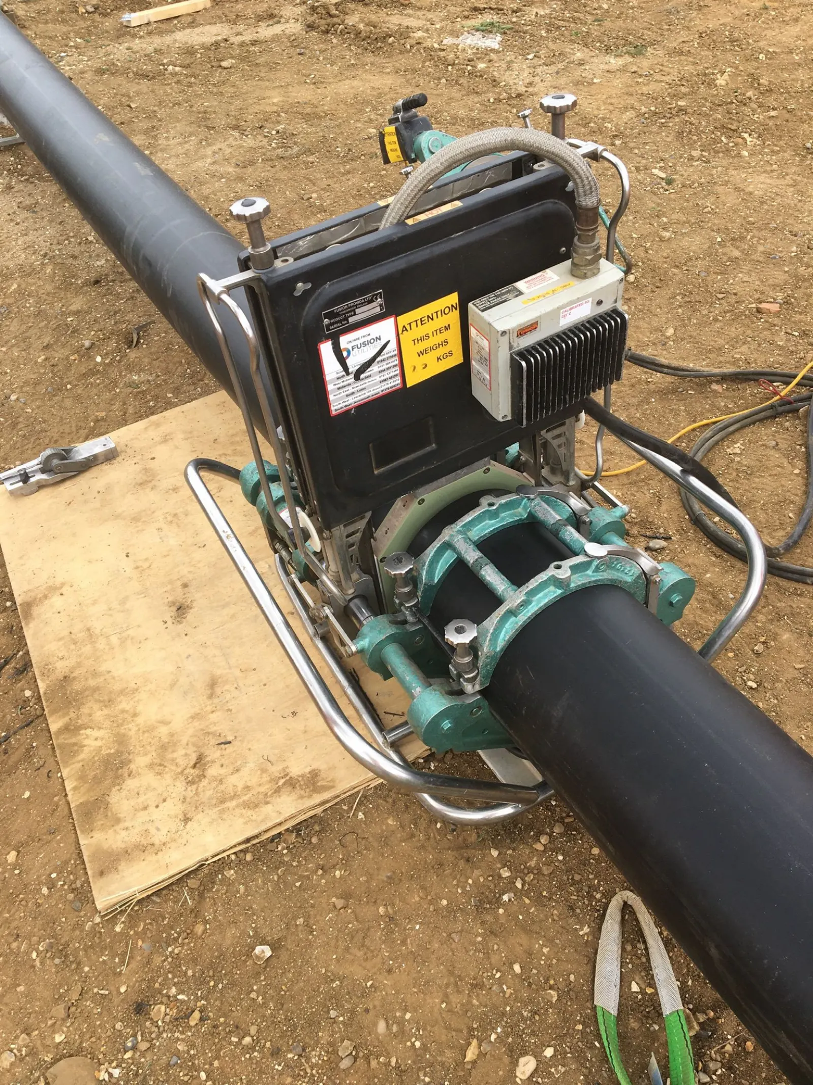 HDPE pipe sections prepared for butt fusion at Colchester